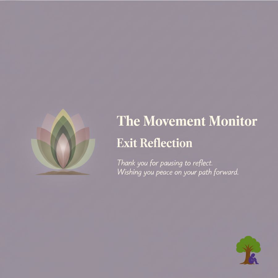 Little Ro logo logo with abstract, grounded, resolved shapes on a soft lilac background, titled: The Movement Monitor Exit Reflection.