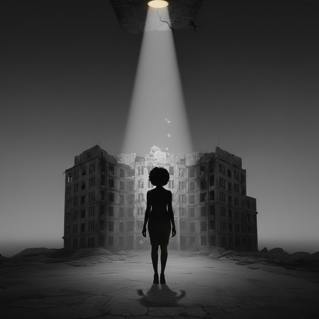 Black-and-white scene of a lone, silhouetted woman with an afro standing in a cracked, empty street before a bombed-out building, as a stark beam of light pours down from a circular opening above, spotlighting her amid the ruins.