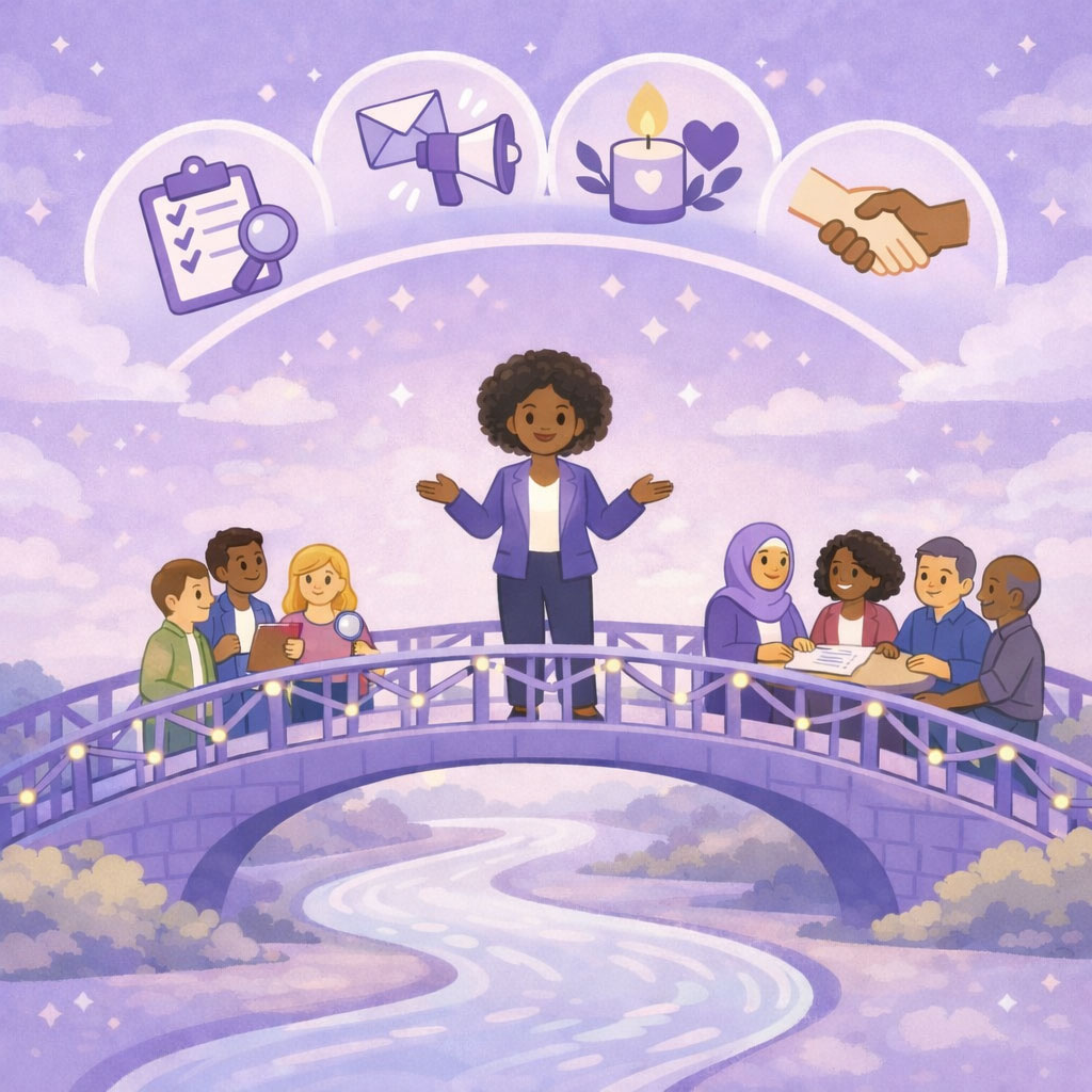 Pastel purple illustration of a diverse group on an arched bridge over a winding river. A woman in a purple blazer stands in the centre speaking, while small groups collaborate on either side. Above them are four evenly spaced circular icons: a checklist with magnifying glass, an envelope with megaphone, a candle with hearts and leaves, and a handshake, set against a cloudy star-speckled sky