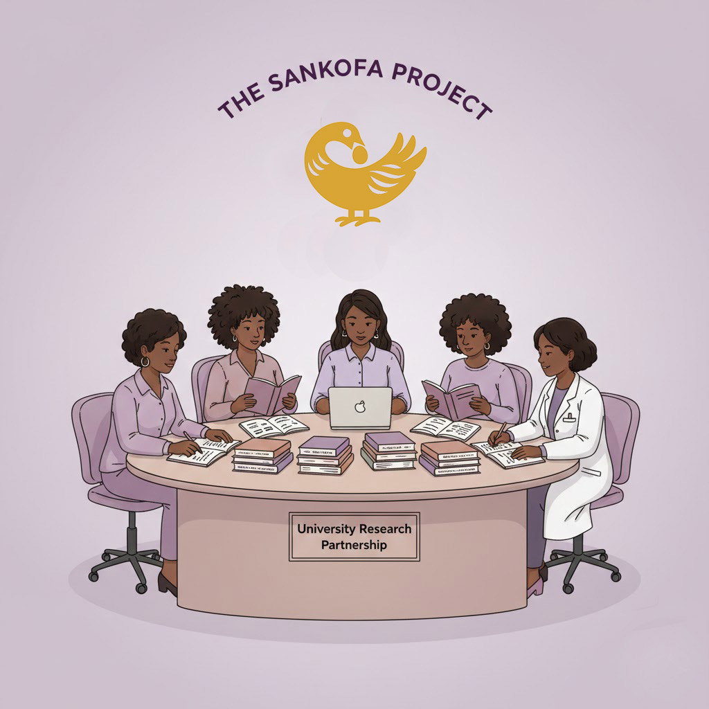 An illustration titled "The Sankofa Project." Five Black female researchers are seated at a round desk marked "University Research Partnership." They are studying books, writing in journals, and using a laptop. Above them is a golden Sankofa bird icon. The scene is rendered in soft purple and earth tones, conveying a collaborative academic environment.