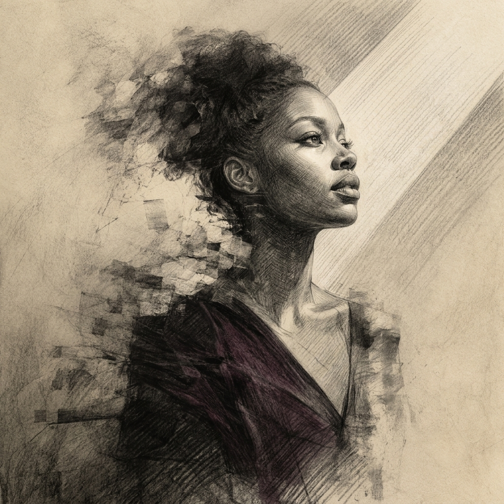 A sketch-style portrait of a Black woman looking upward into light while part of her body fades into fragments, symbolising BLACKOUT and the erasure of Black women’s realitie