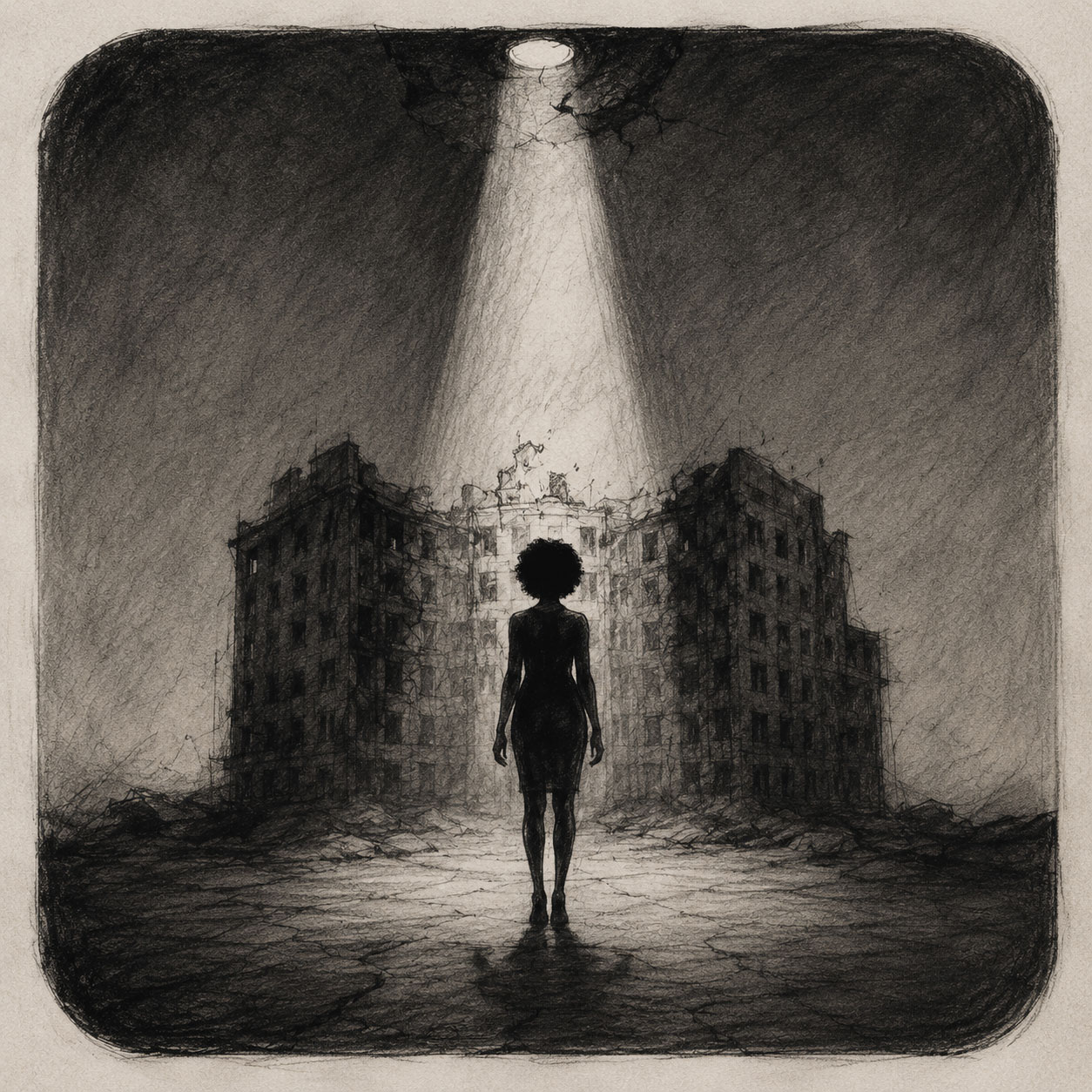 A sketch-style image of a Black woman stands alone before a ruined institutional-looking building, with a beam of light falling from above, symbolising exposure, isolation and the search for recognition.