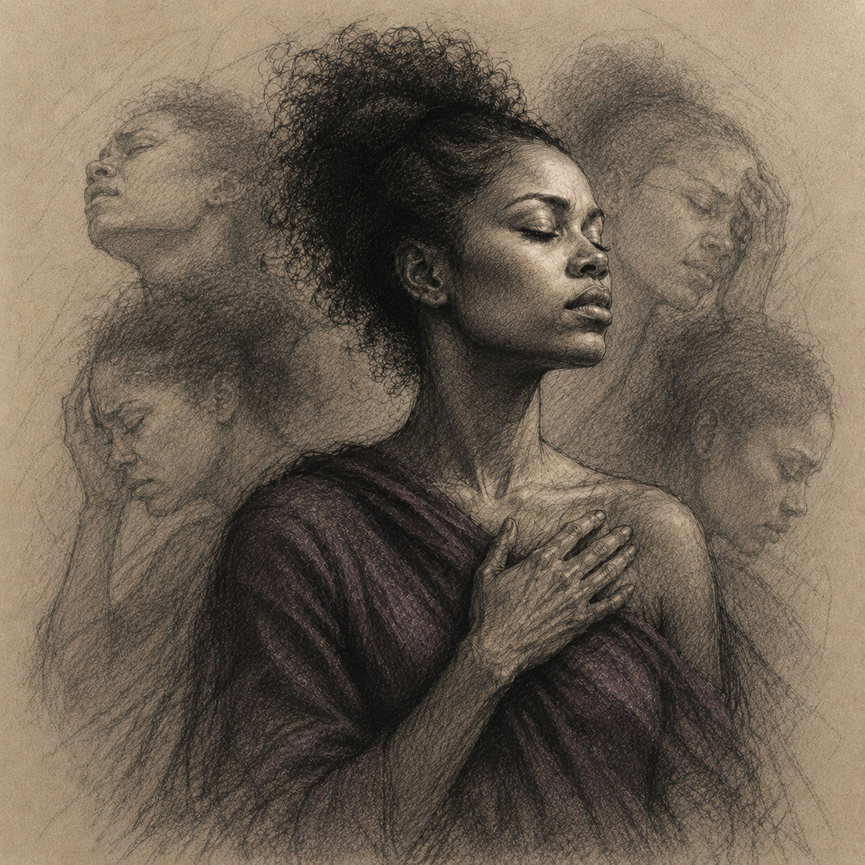 A sketch-style portrait of a Black woman with her hand on her chest, surrounded by faint shadow versions of herself, symbolising POPS and the embodied toll of repeated harm.