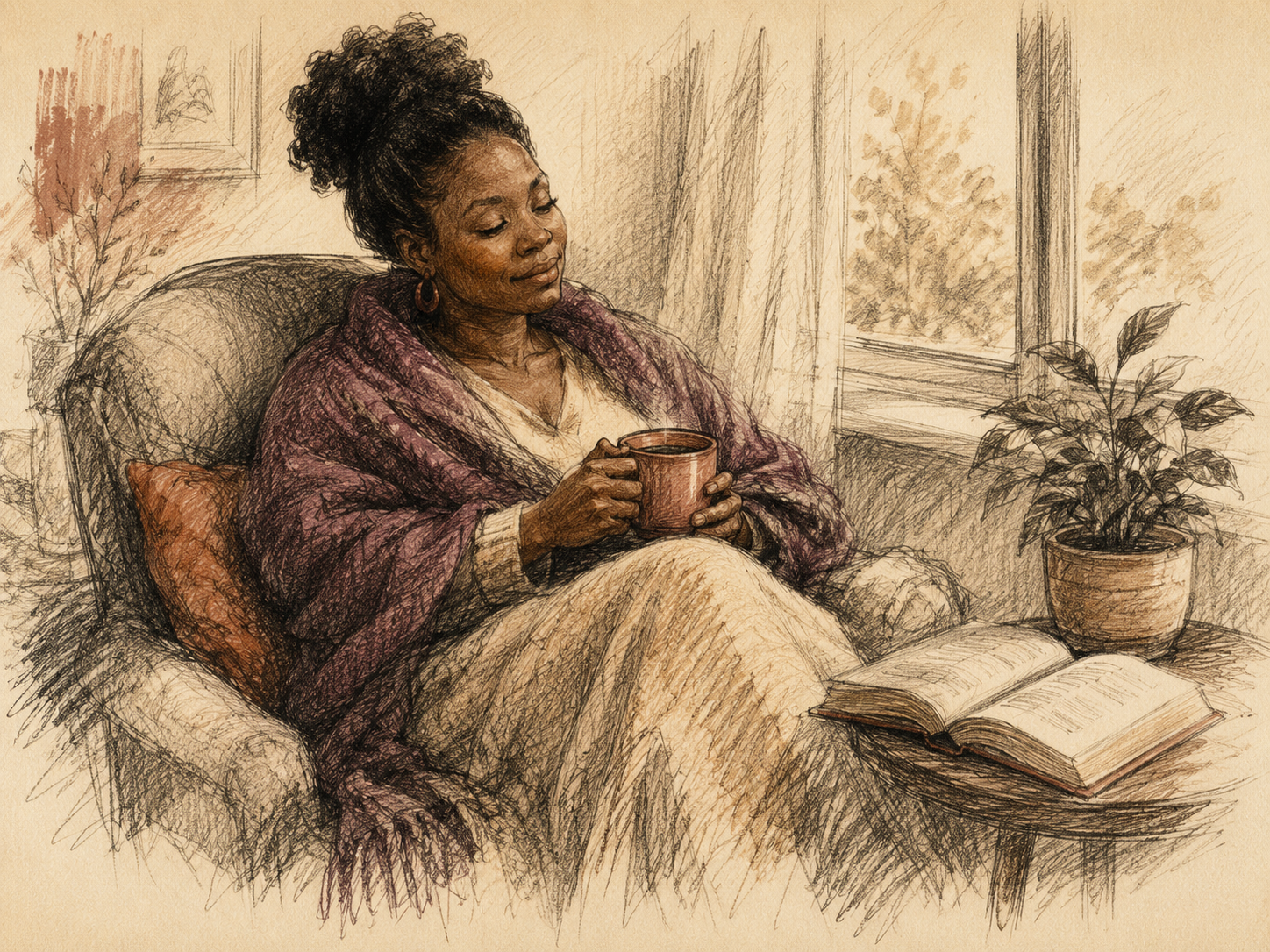 A warm sketch-style illustration of a Black woman resting in an armchair by a window, holding a cup, with a blanket, open book and plant nearby, symbolising rest, self-care and restoration.