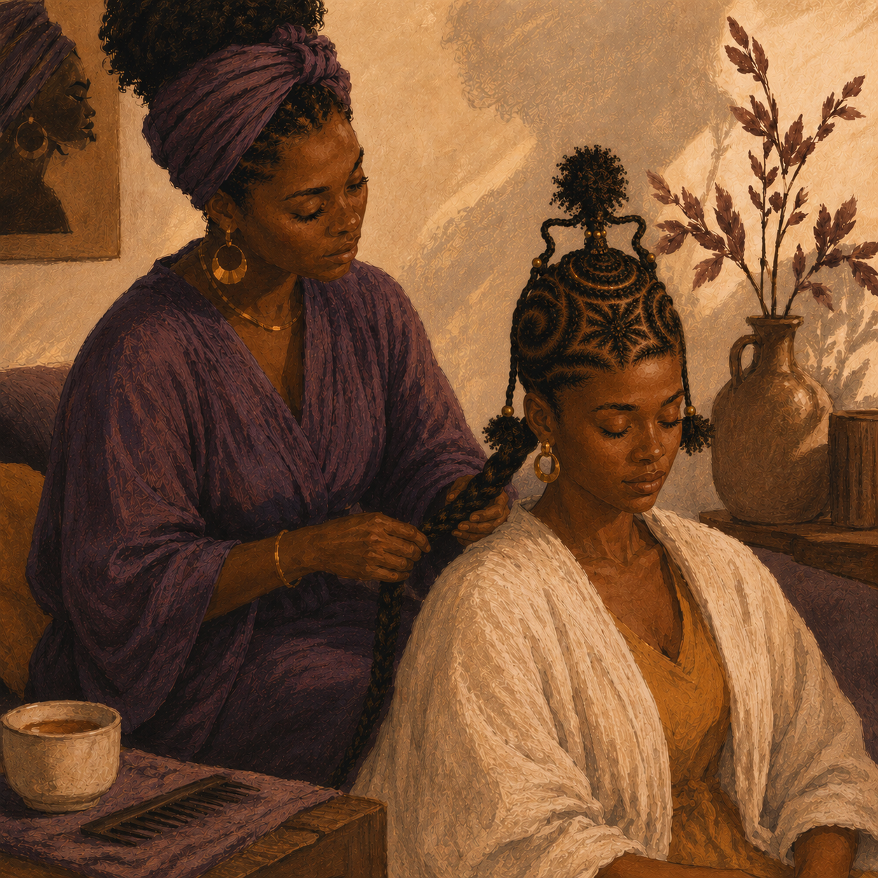 A warm illustrated scene of one Black woman gently braiding another Black woman’s elaborate hairstyle, with a long plait down her back, symbolising hair care as rest, self-care, history and connection.