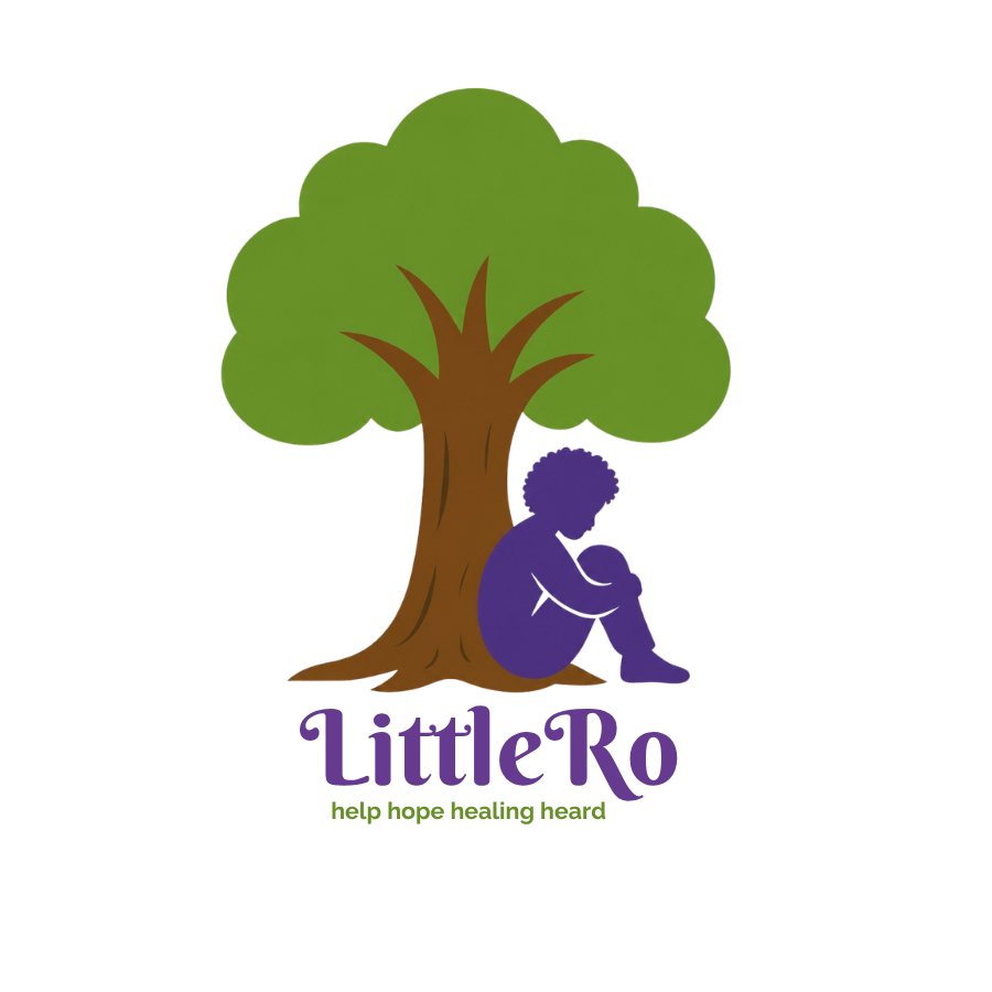 Logo for Little Ro featuring a purple silhouette of a child with curly hair sitting with knees drawn up against a brown tree trunk with green foliage. Below the tree, the text reads "Little Ro" in purple, with the tagline "help hope healing heard" in green.